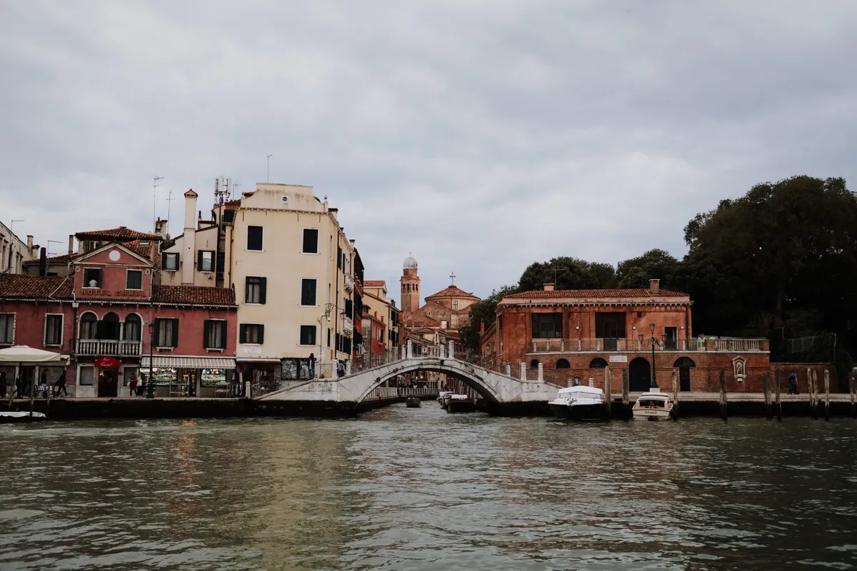 Scenic view of a Venetian canal with historic architecture and a picturesque bridge.